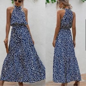Boho floral print belted halter maxi dress
